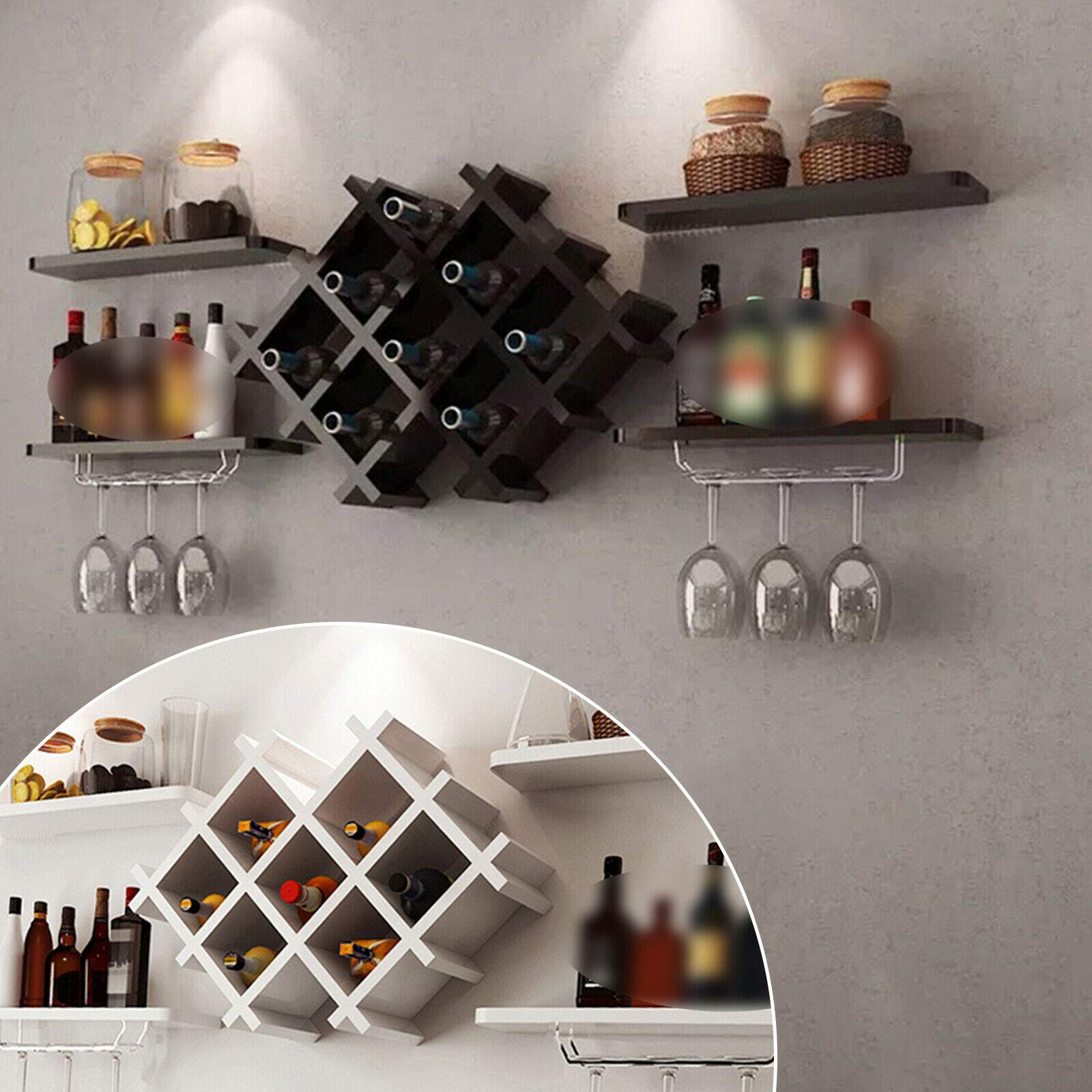 TBVECHI Wall Mounted Wine Rack Bottle Glass Holder Storage Shelves Bar Kitchen Shelf White (Type B :Black)