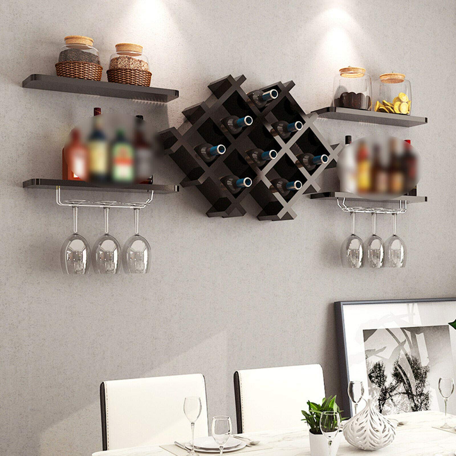 TBVECHI Wall Mounted Wine Rack Bottle Glass Holder Storage Shelves Bar Kitchen Shelf White (Type B :Black)