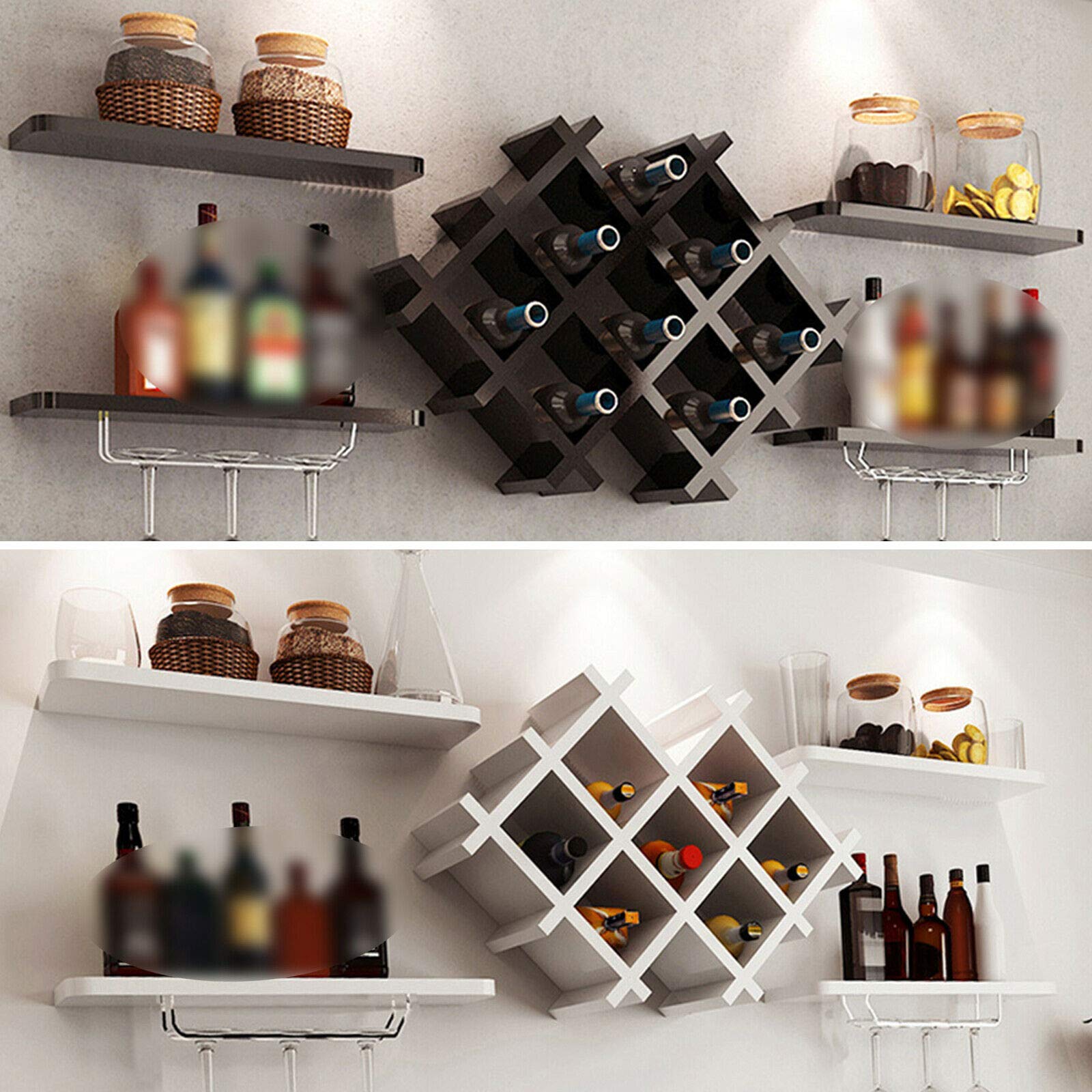 TBVECHI Wall Mounted Wine Rack Bottle Glass Holder Storage Shelves Bar Kitchen Shelf White (Type B :Black)