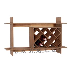 deco 79 wood geometric 8 bottle slot wall wine rack with 6 glass holder slots, 34" x 8" x 20", brown
