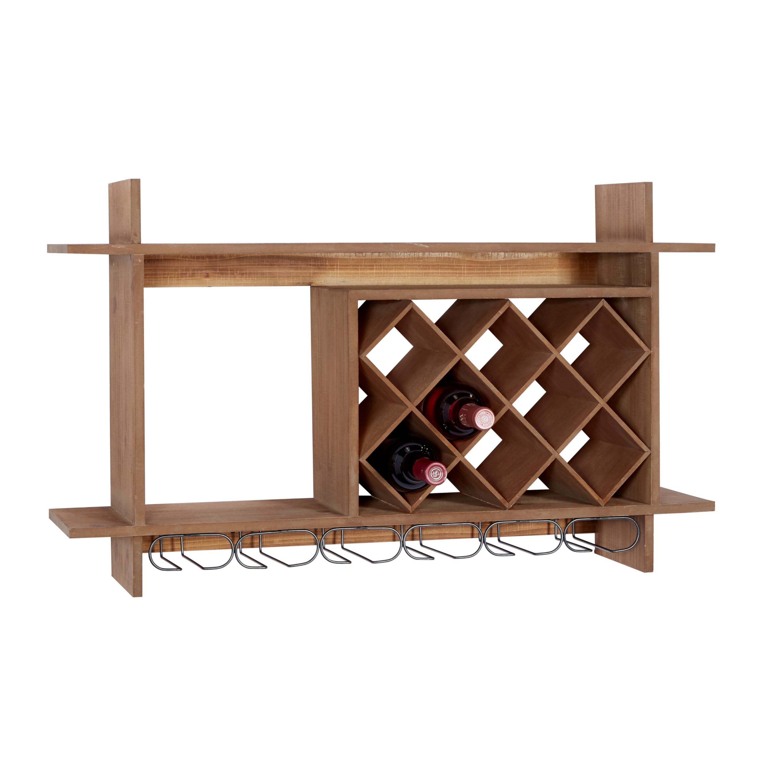 Deco 79 Wood Geometric 8 Bottle Slot Wall Wine Rack with 6 Glass Holder Slots, 34" x 8" x 20", Brown