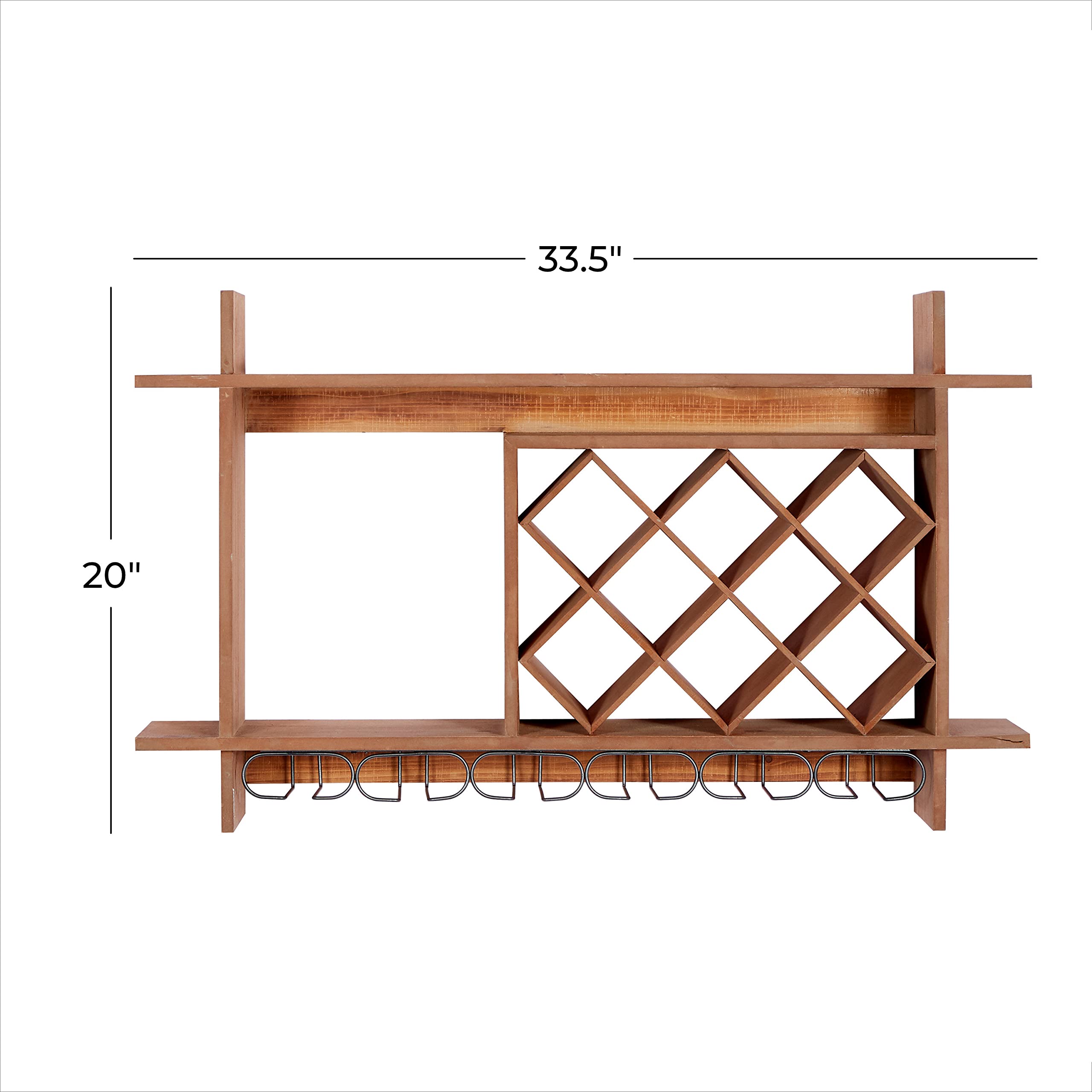 Deco 79 Wood Geometric 8 Bottle Slot Wall Wine Rack with 6 Glass Holder Slots, 34" x 8" x 20", Brown