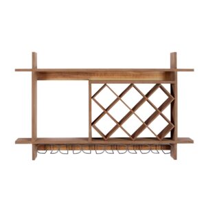 Deco 79 Wood Geometric 8 Bottle Slot Wall Wine Rack with 6 Glass Holder Slots, 34" x 8" x 20", Brown