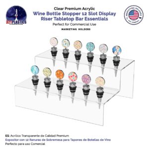 Marketing Holders Wine Stopper Wine Bottle Topper Liquor Pourer Display Stand 12 Slot Rack .75 Inch Wide Holes Clear Acrylic 2 Tier Riser 11.75 Inch Wide by 4.75 Inch Deep Retail Counter Showcase