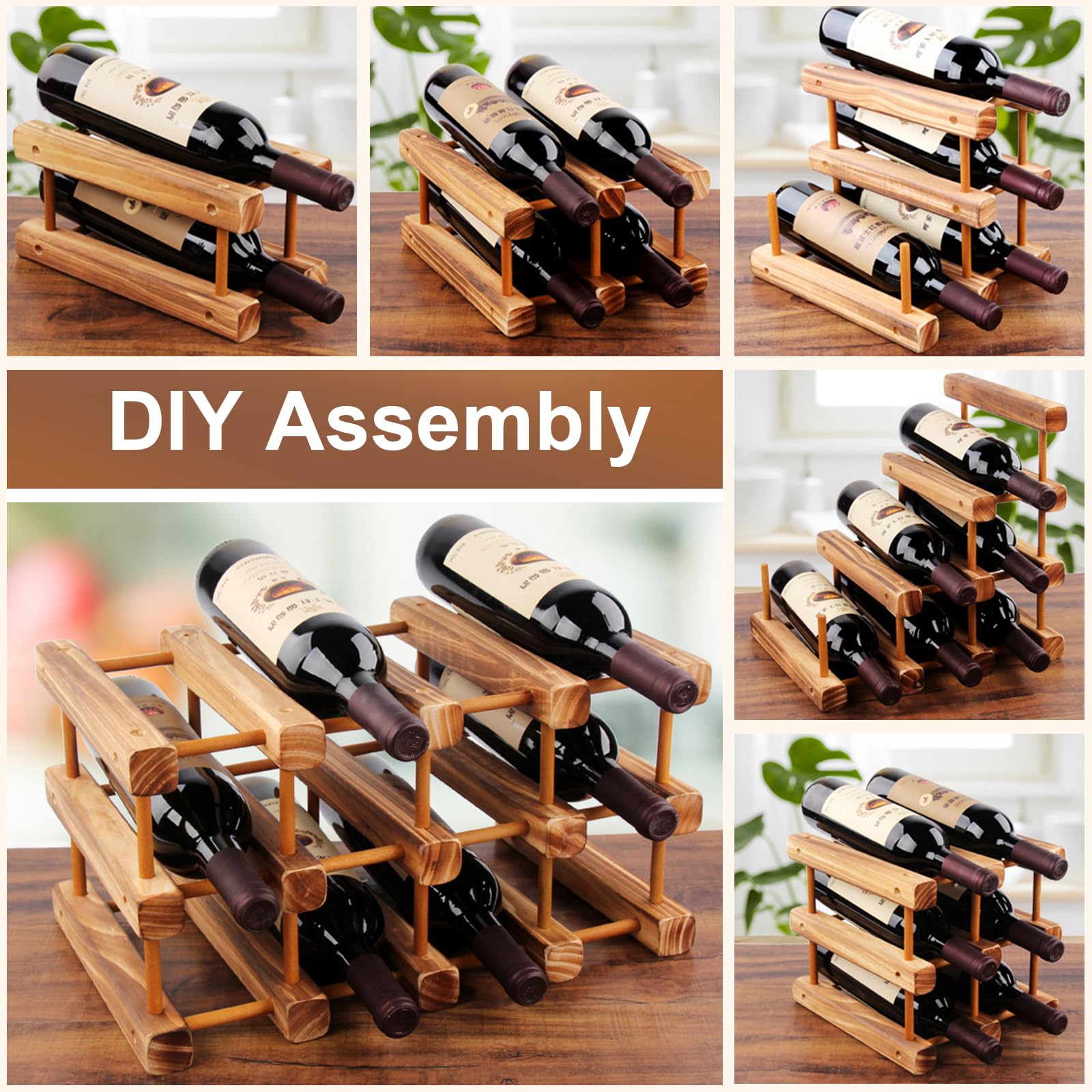 IWNTWY Wine Racks Countertop, 12 Wine Bottle Holder Stand, Freestanding Floor Wine Storage Shelf, DIY Assembly Wooden Wine Rack Water Bottle Organizer for Home Kitchen Cabinet Bar Wine Gifts