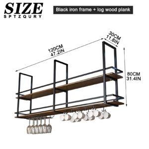 Ceiling Wine Glass Rack - 47.2in Hanging Wine Rack with Glass Holder and Shelf, 2 Layer Industrial Hanging Wine Bottle Holder, Black Metal Ceiling Shelf for Bar Cafe Kitchen (Black, 47.2×11.8×31.4in)