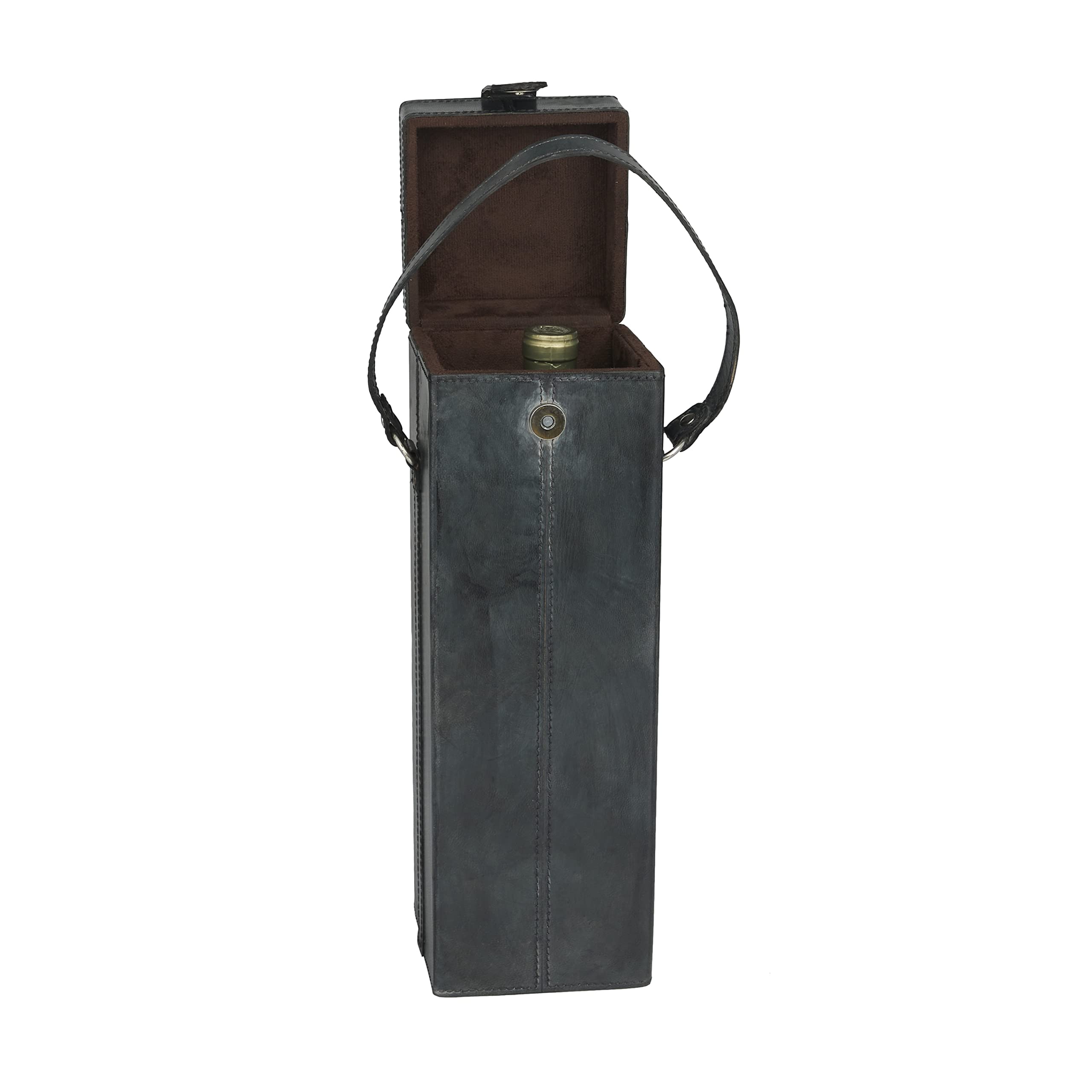 Deco 79 Leather Handmade Single Bottle Wine Holder with Carrying Handle, 5" x 5" x 15", Blue