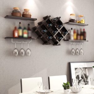 set of 5 wall mounted wooden wine rack storage shelf wine rack set with and glass holder multifunctional wall hanging wine rack for home decoration(style1-black)