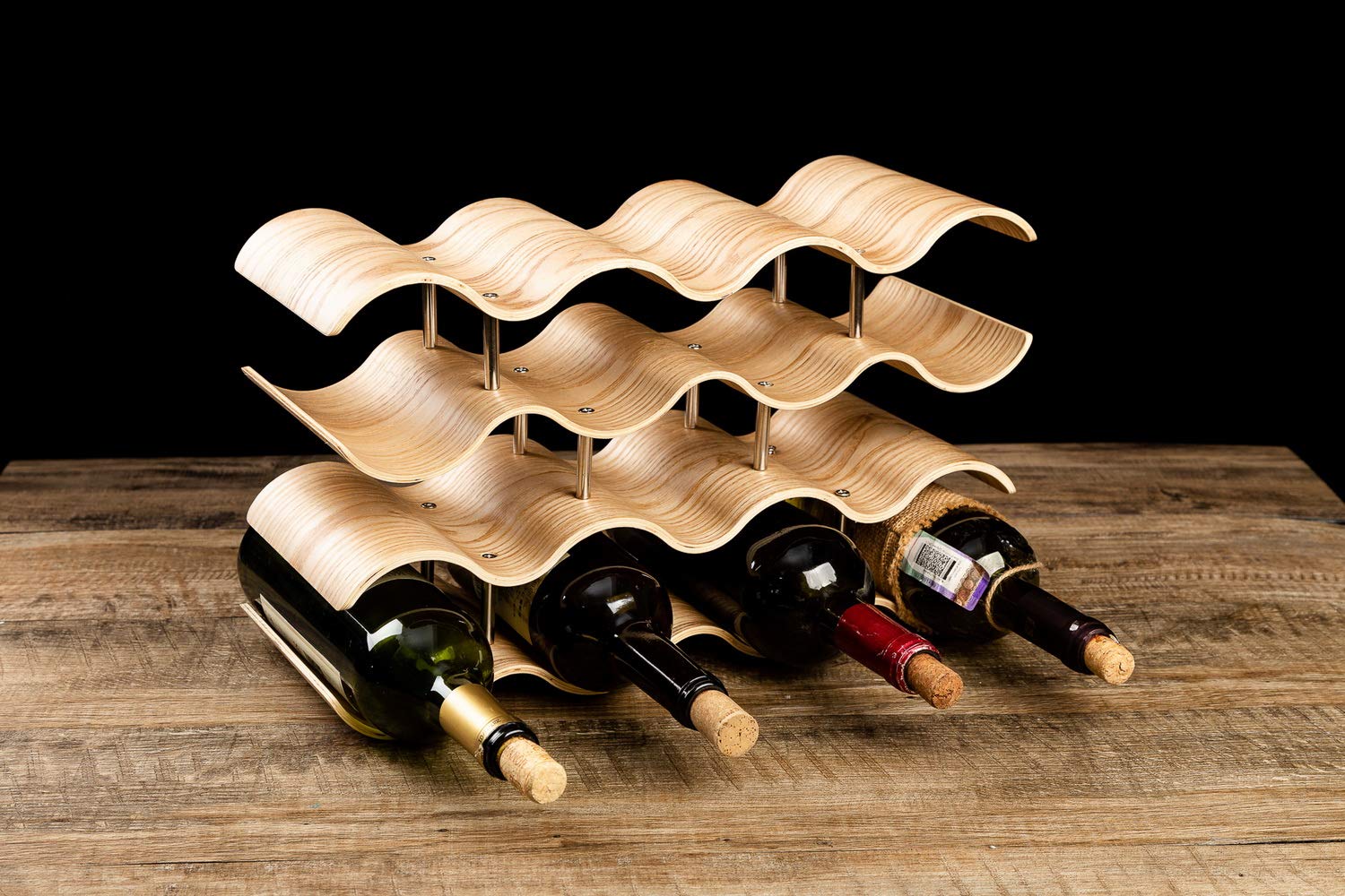 Asian Home 14 Bottle 4-Tier Wave Desktop Wine Rack Freestanding Countertop Bottle Holder for Wine Storage, Wood, Modern and Minimalist