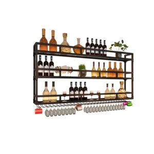 led wall mounted wine rack, customizable metal floating shelves for home, restaurant, bars, bottle & glass holder with upside hanging goblet