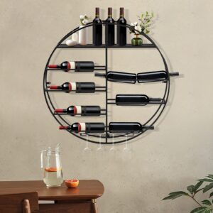 wall mounted wine rack, 12 bottles 7-tier round wine glass rack, 35.43in hanging wine liquor shelves display rack with holder storage, wine rack for kitchens, living rooms, cellars, cabinets (black)