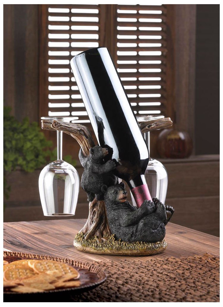 Unbranded* Black Bear Wine Bottle & Glass Holder Rack Decor New