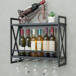 industrial wine rack 14 bottles wall-mounted wine cabinet with 5 glasses holder metal wine storage shelf multi-function display rack for home bar restaurant kitchen 23.6'' x7.9'' x20.5''