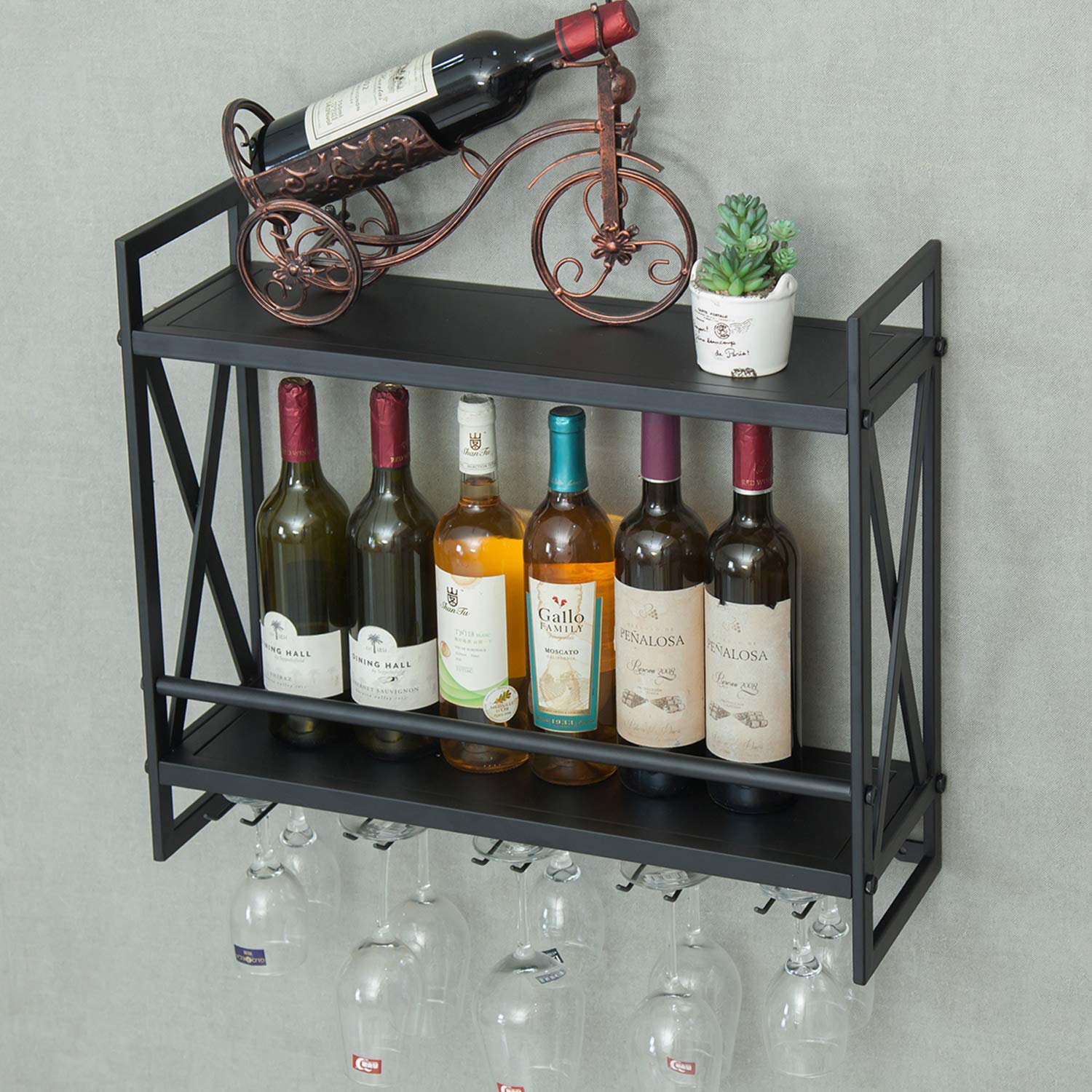 Industrial Wine Rack 14 Bottles Wall-Mounted Wine Cabinet with 5 Glasses Holder Metal Wine Storage Shelf Multi-Function Display Rack for Home Bar Restaurant Kitchen 23.6'' x7.9'' x20.5''