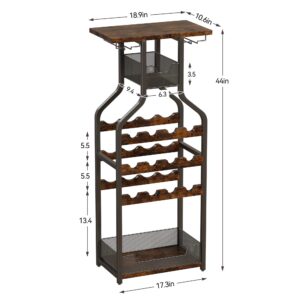 Amyove Metal Wine Rack Wine Bottle Holders Stands Freestanding Floor,Wine Storage Organizer Display Rack Table Wine Glass Rack for Bar Kitchen Dining Living Room, Small Spaces,Rustic Brown