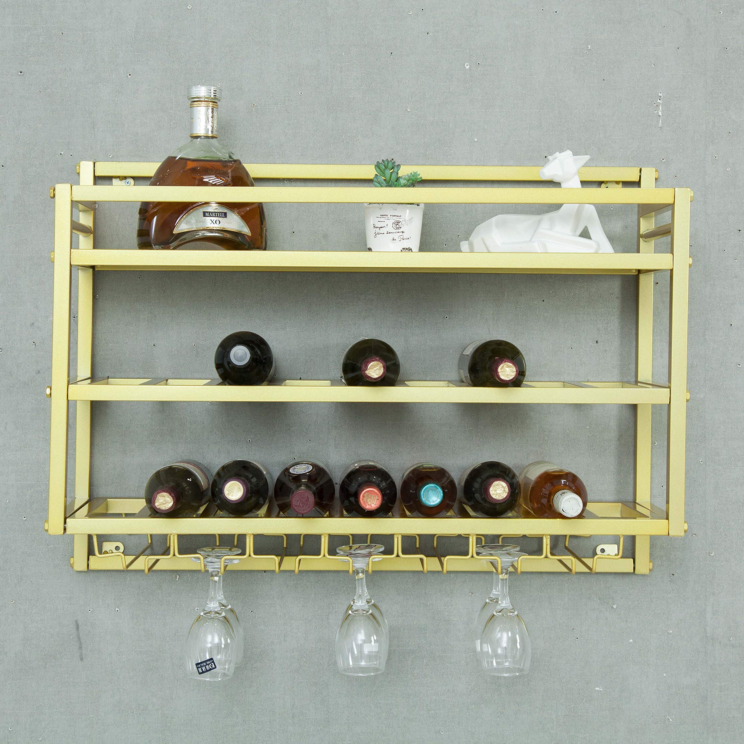 Modern 3-Tier Wall-Mounted Wine Rack, 20 Bottles and Glass Holder, Metal Wine Storage Rack Organizer, Wine Display Shelf for Home Kitchen Bar Restaurant (L: 31.5'', Gold)