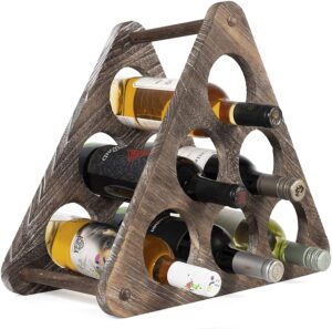 rustic state marche countertop wood wine rack holder for 6 bottle storage tabletop triangle design freestanding organizer - home, kitchen, dining room bar décor - burnt brown