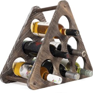 Rustic State Marche Countertop Wood Wine Rack Holder for 6 Bottle Storage Tabletop Triangle Design Freestanding Organizer - Home, Kitchen, Dining Room Bar Décor - Burnt Brown