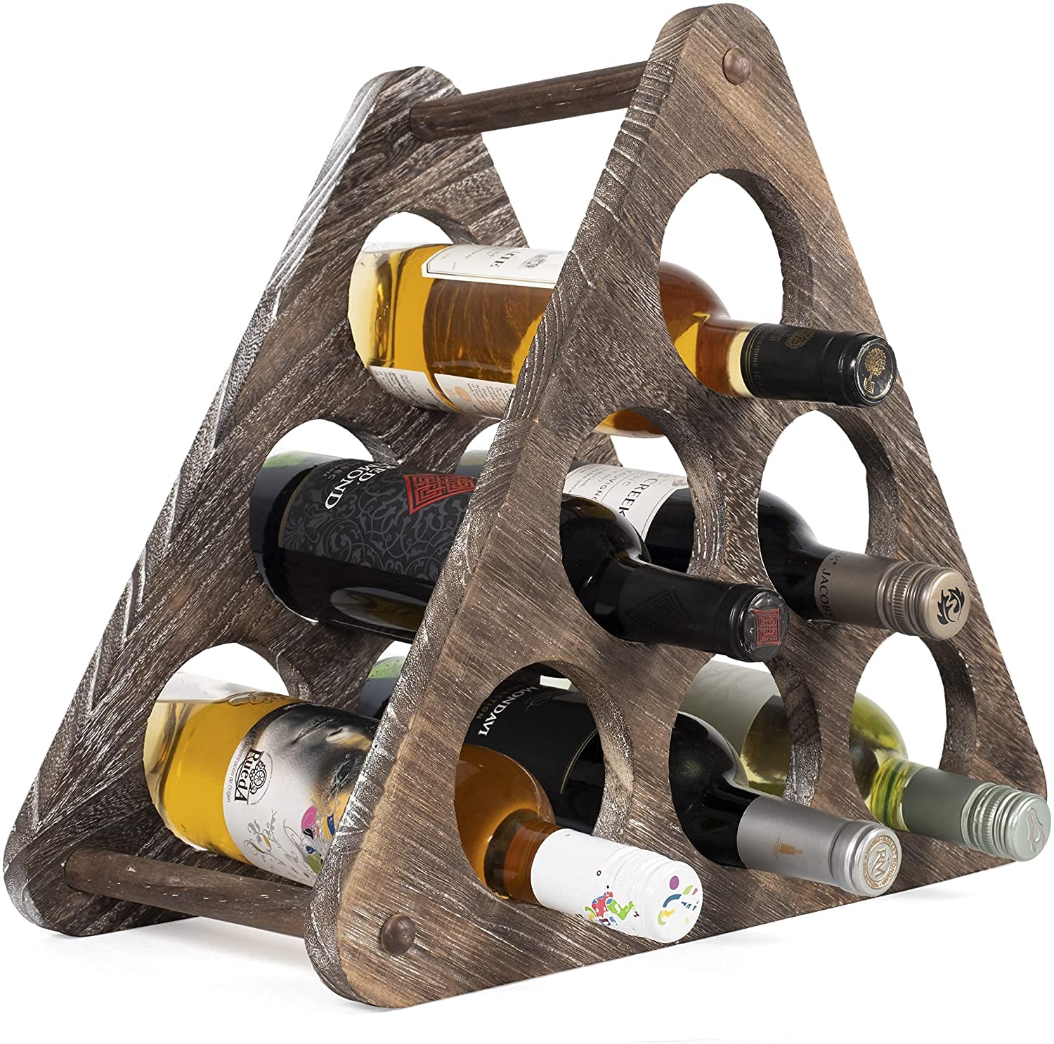 Rustic State Marche Countertop Wood Wine Rack Holder for 6 Bottle Storage Tabletop Triangle Design Freestanding Organizer - Home, Kitchen, Dining Room Bar Décor - Burnt Brown