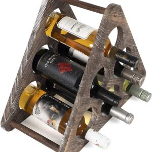 Rustic State Marche Countertop Wood Wine Rack Holder for 6 Bottle Storage Tabletop Triangle Design Freestanding Organizer - Home, Kitchen, Dining Room Bar Décor - Burnt Brown