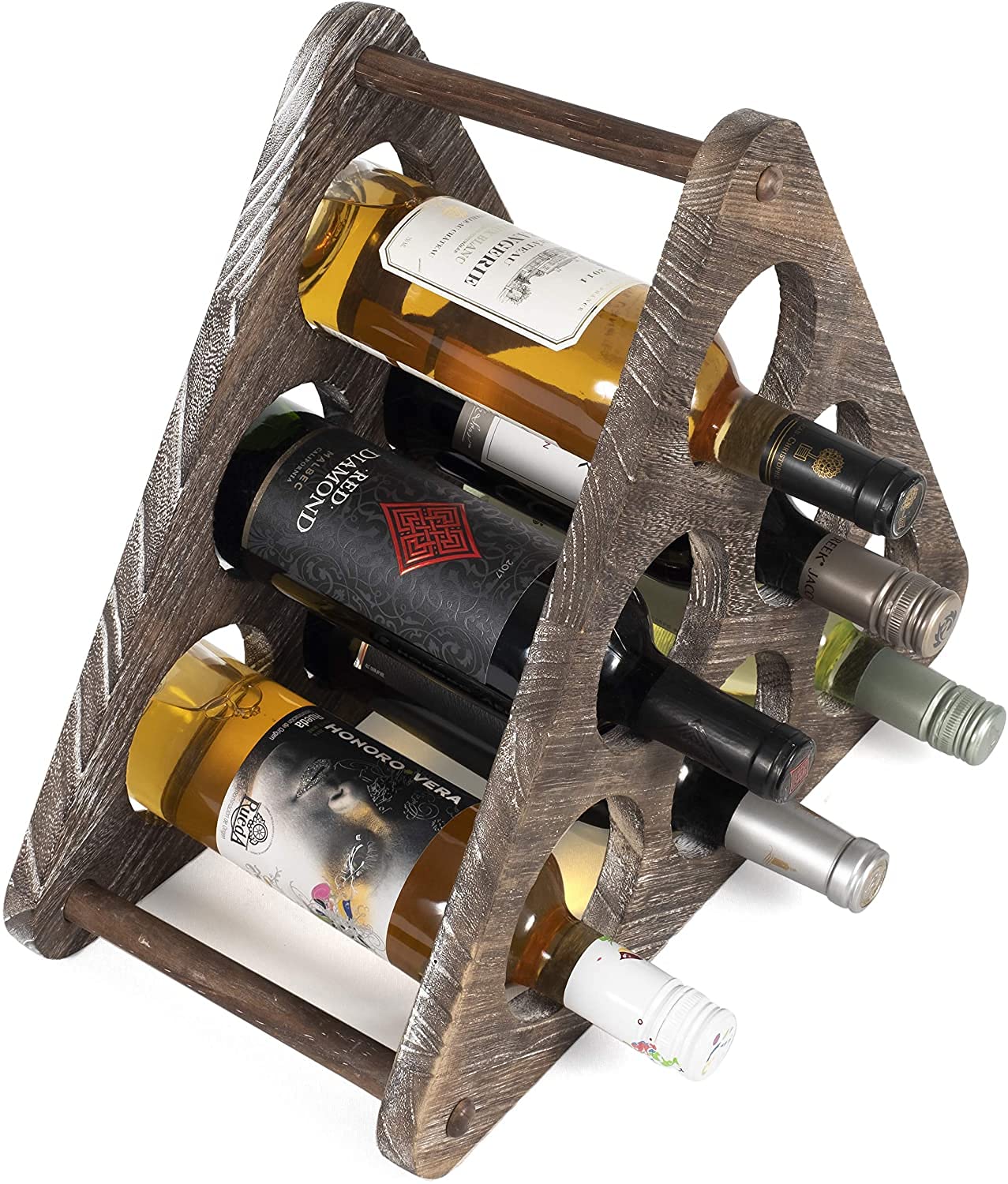 Rustic State Marche Countertop Wood Wine Rack Holder for 6 Bottle Storage Tabletop Triangle Design Freestanding Organizer - Home, Kitchen, Dining Room Bar Décor - Burnt Brown