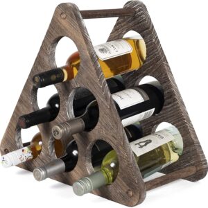 Rustic State Marche Countertop Wood Wine Rack Holder for 6 Bottle Storage Tabletop Triangle Design Freestanding Organizer - Home, Kitchen, Dining Room Bar Décor - Burnt Brown