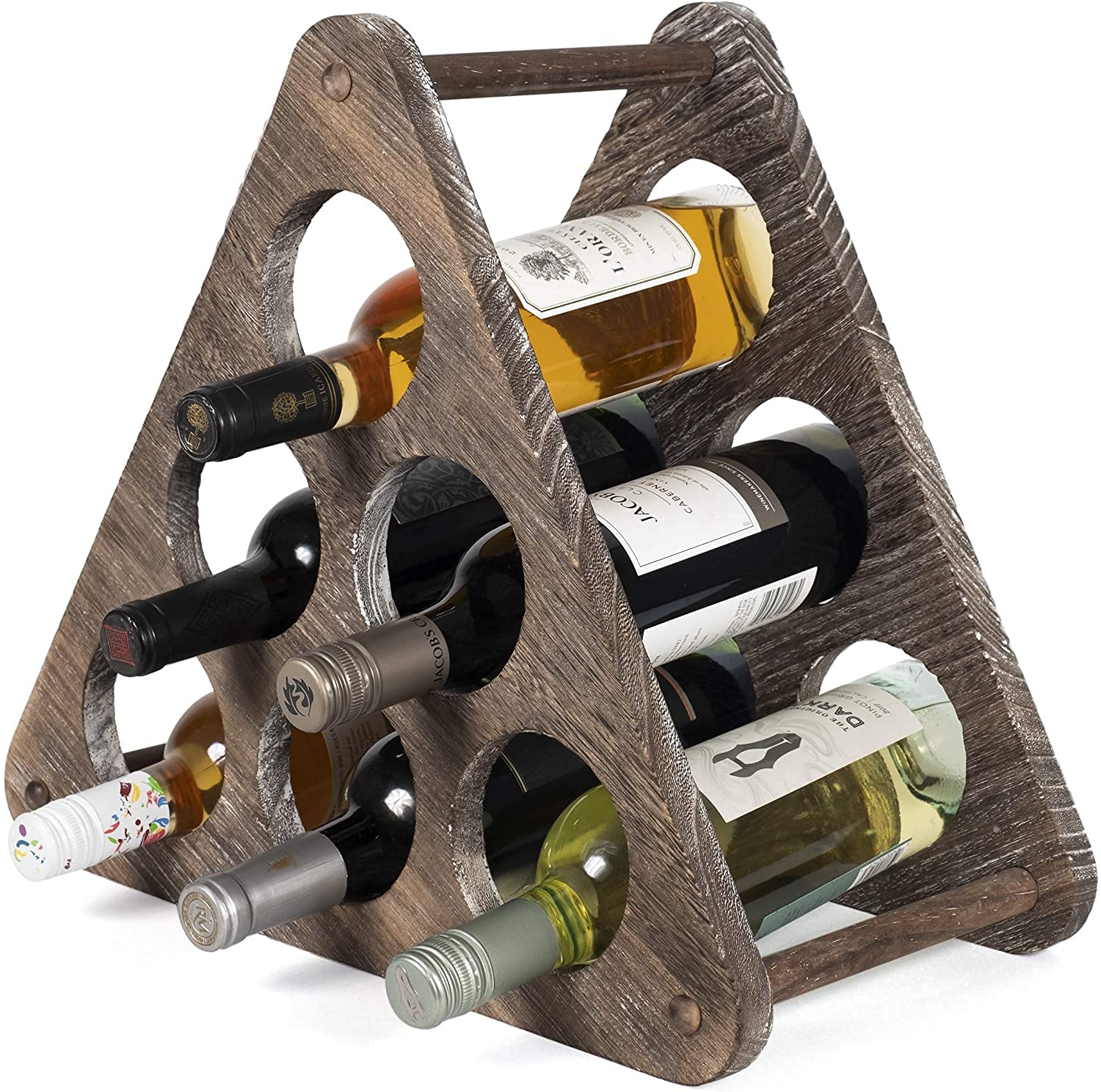 Rustic State Marche Countertop Wood Wine Rack Holder for 6 Bottle Storage Tabletop Triangle Design Freestanding Organizer - Home, Kitchen, Dining Room Bar Décor - Burnt Brown