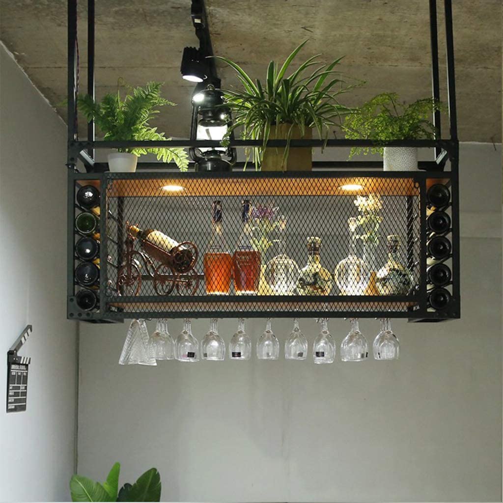 Ceiling Wine Rack,Glasses Stemware Hanger Shelf,Wine Glass Rack/Hanging Bottle Holder,Kitchenskitchen Wood Metal Hanging Shelf,Ceiling Decoration Shelf for Bars,Restaurants, (Black 120x30cm)