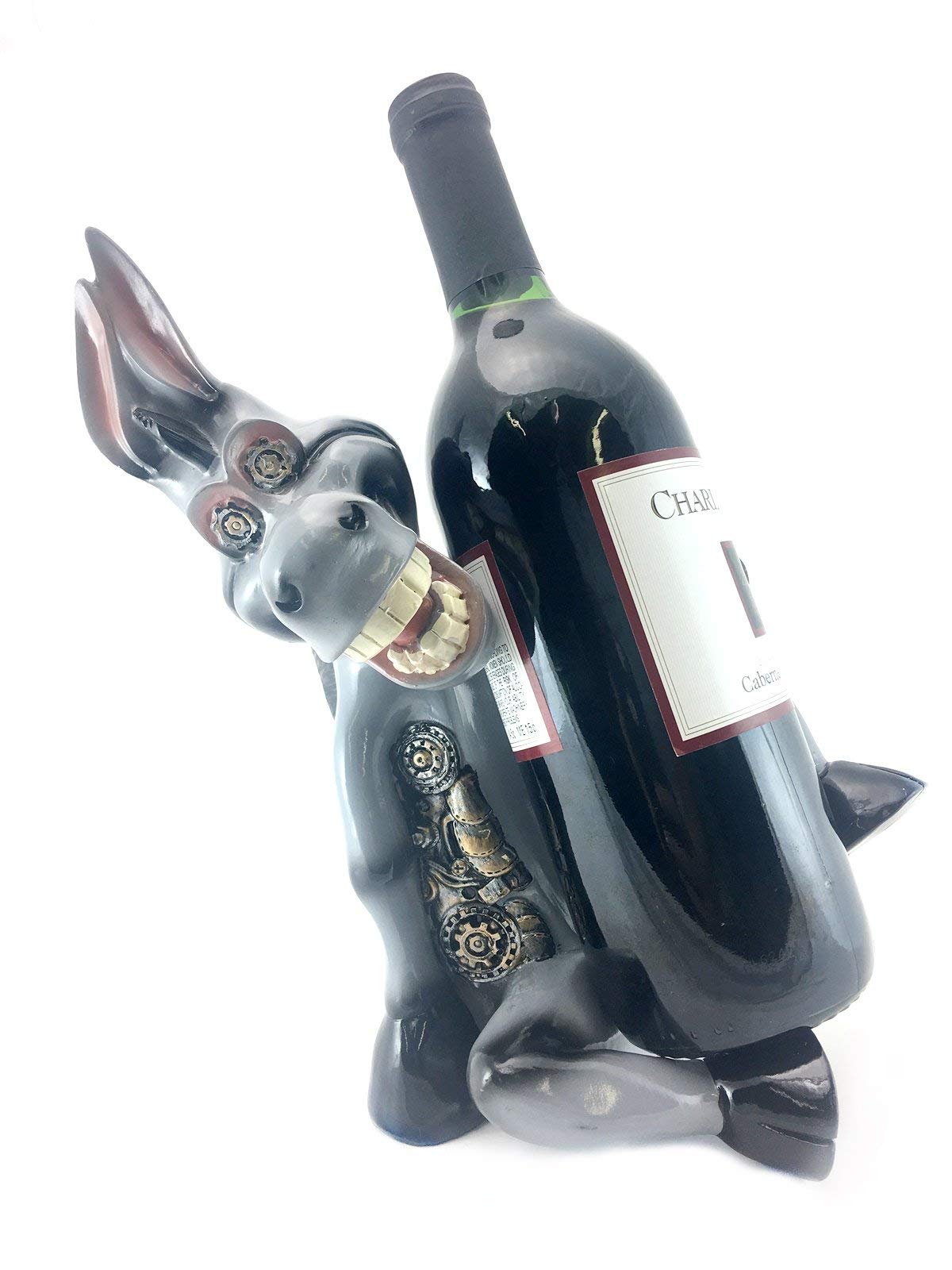 Bellaa 21680 Donkey Wine Bottle Holder Farmhouse Steampunk Gear Industrial Retro Animal Statue Funny Cute Creative Gift 10 inch