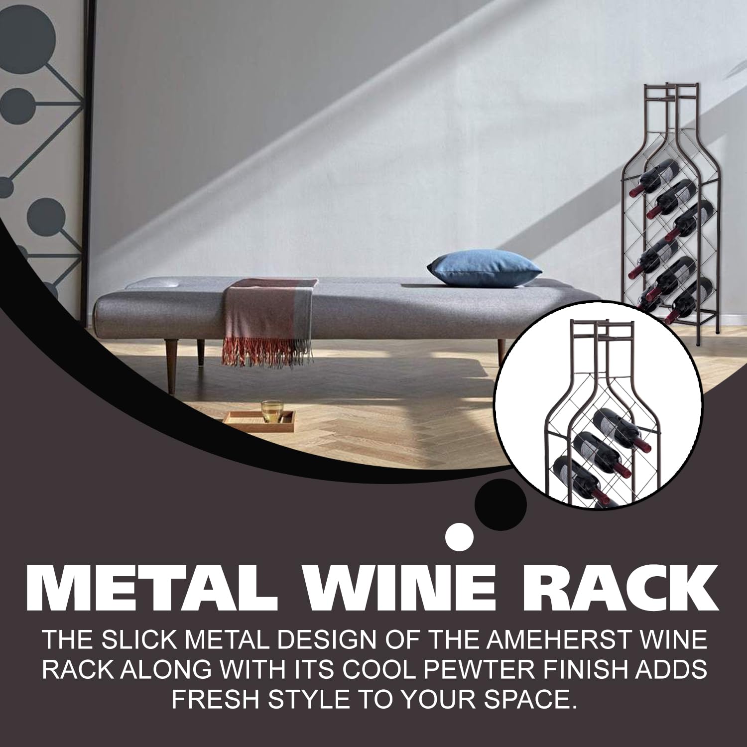 Kings Brand Furniture Ameherst Metal Wine Bottle Holder - Floor Standing Wine Rack for Home Bar - Metal Wine Rack with Bottle Shape Bar Stand for Liquor - Crisscross Storage Rack - Pewter - 12 Bottles