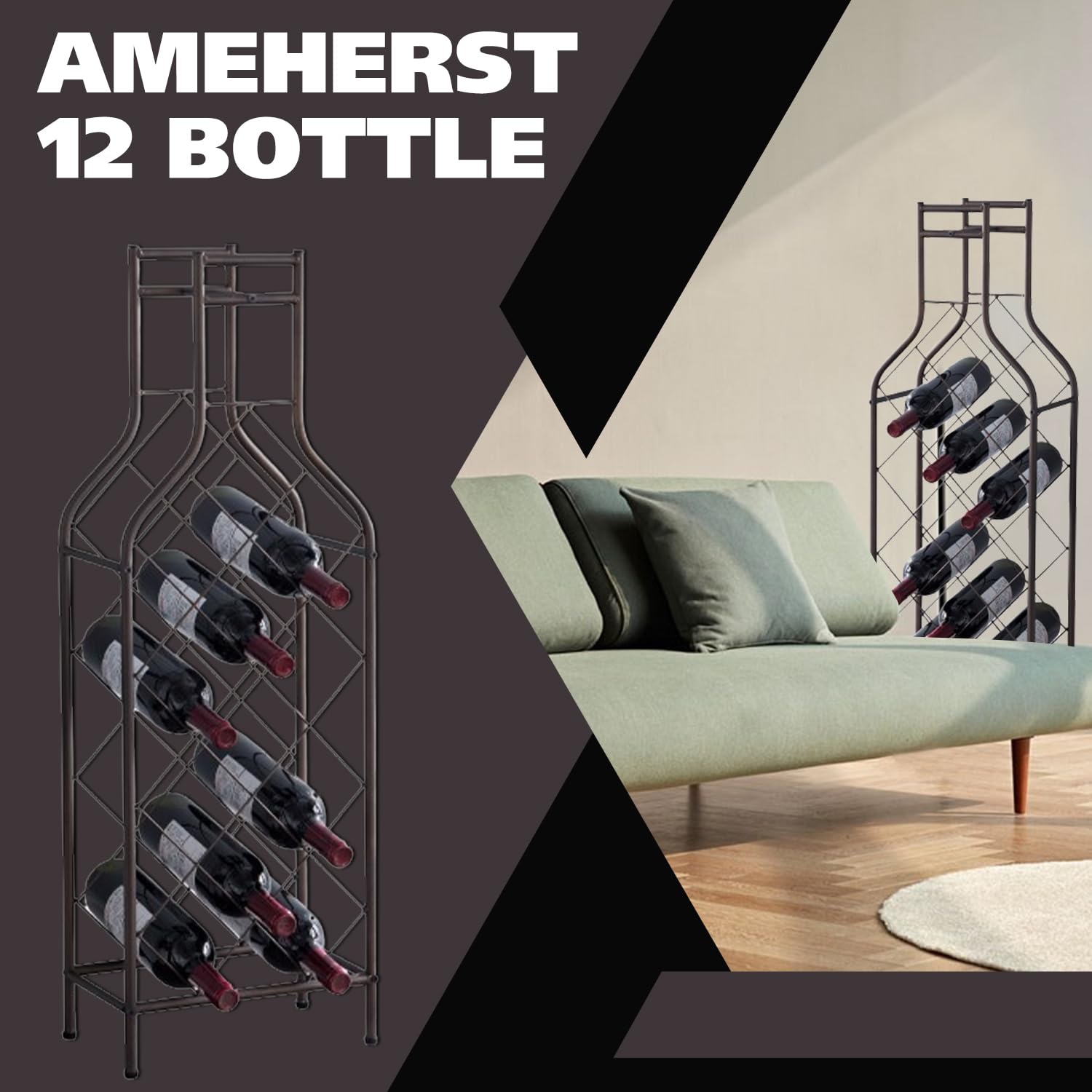 Kings Brand Furniture Ameherst Metal Wine Bottle Holder - Floor Standing Wine Rack for Home Bar - Metal Wine Rack with Bottle Shape Bar Stand for Liquor - Crisscross Storage Rack - Pewter - 12 Bottles