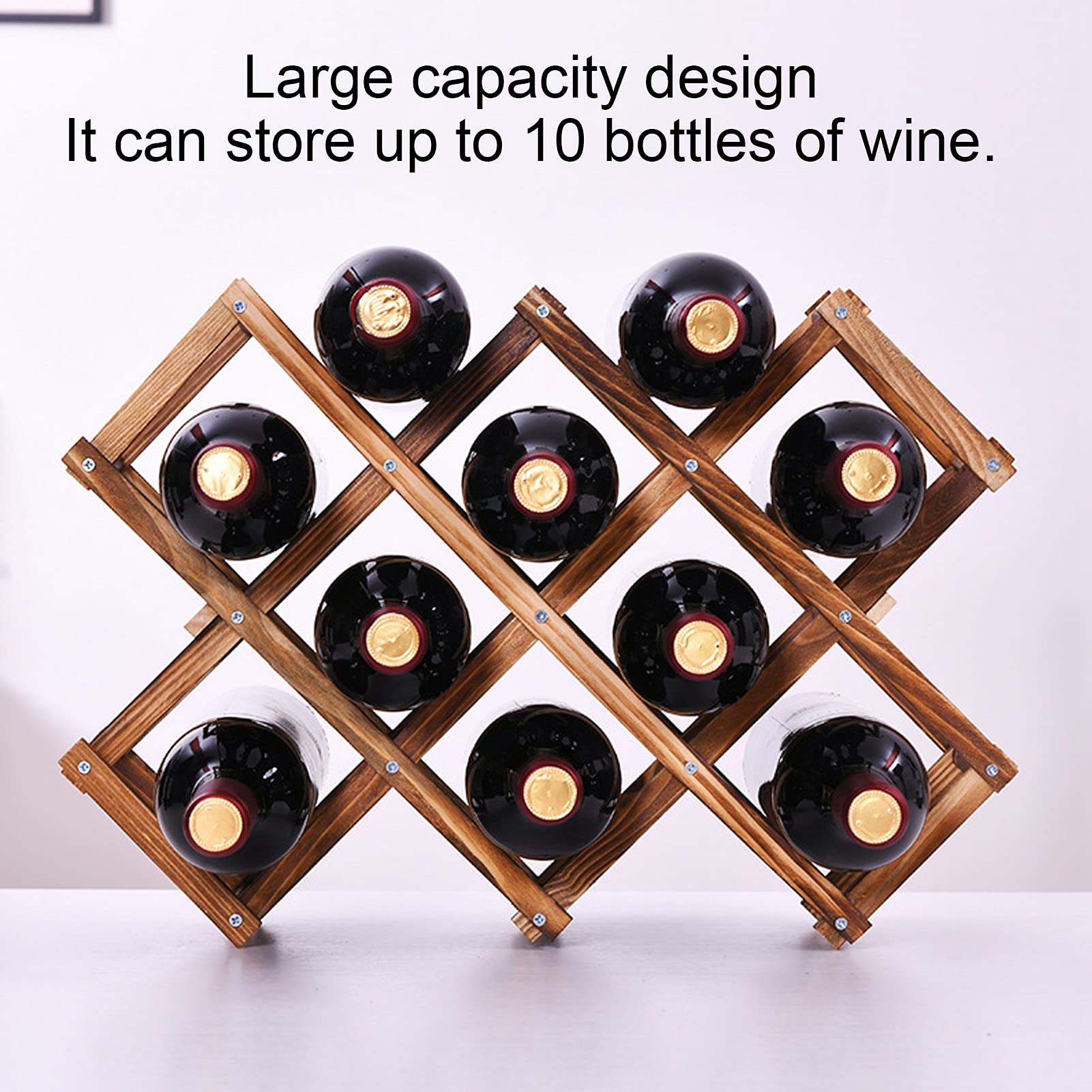 Hyuduo Wine Cabinet, Wood Wine Storage Racks Foldable 10 Bottle Wooden Standing Wine Bottle Stand Holder Display Shelf for Home Kitchen Bar Cabinets,Bar Cabinet, Wine Cabinet