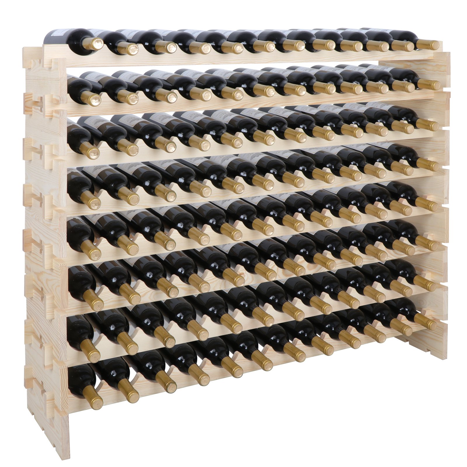 HomGarden 6 Tier Stackable Wine Display Rack Modular Free Standing Bottles Storage Stand Wooden Wine Holder Display Shelves Natural Wood Wobble-Free（8x12 Row 96 Bottles）