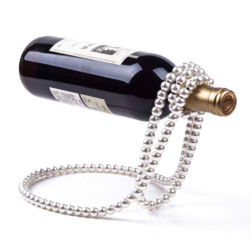 ONEYUAN Creative Pearl Necklace Wine Rack Luxury Magic Metal Resin Hanging Suspension Wine Bottle Holder Rack Home Desktop Decoration (Color : White)
