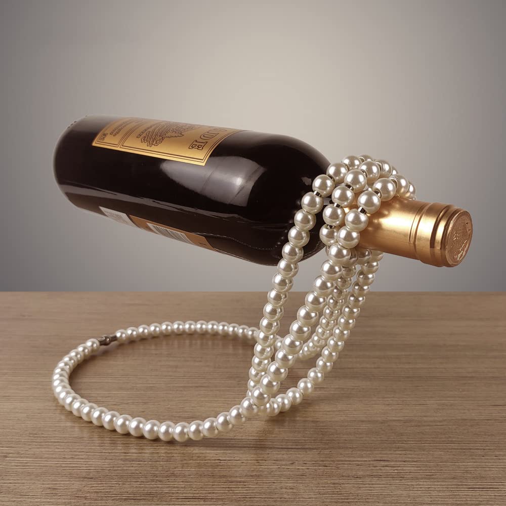 ONEYUAN Creative Pearl Necklace Wine Rack Luxury Magic Metal Resin Hanging Suspension Wine Bottle Holder Rack Home Desktop Decoration (Color : White)