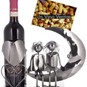 BRUBAKER Bottle Holder Wine - Couple on The Moon - Lovers Sculpture Metal - Bottle Stand with Greeting Card