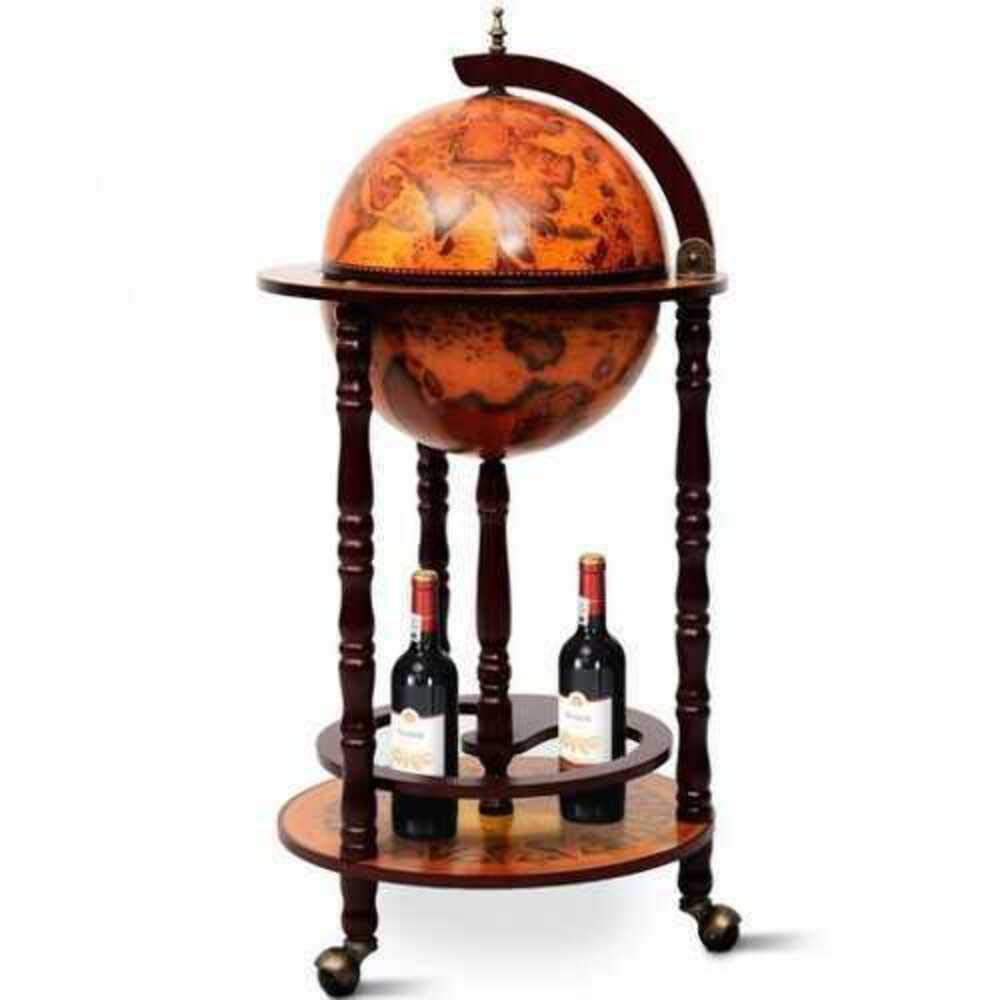 MTN Gearsmith New 36" Wood Globe Wine Bar Stand 16th Century Italian Rack Liquor Bottle Shelf