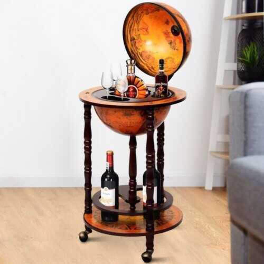 MTN Gearsmith New 36" Wood Globe Wine Bar Stand 16th Century Italian Rack Liquor Bottle Shelf