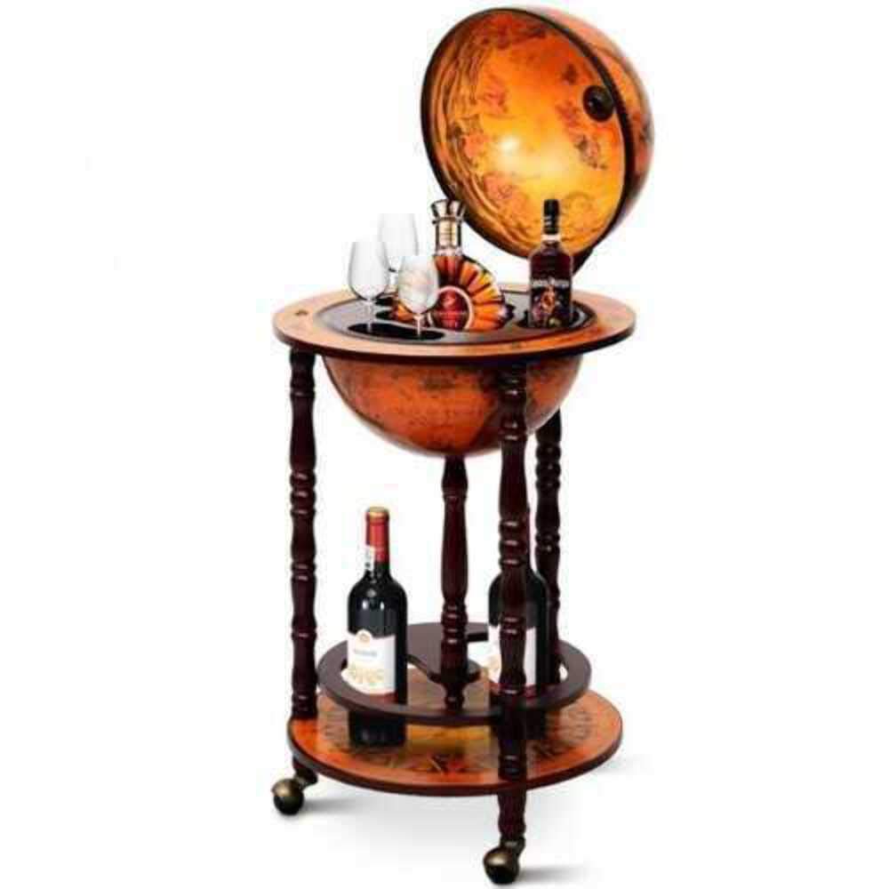 MTN Gearsmith New 36" Wood Globe Wine Bar Stand 16th Century Italian Rack Liquor Bottle Shelf