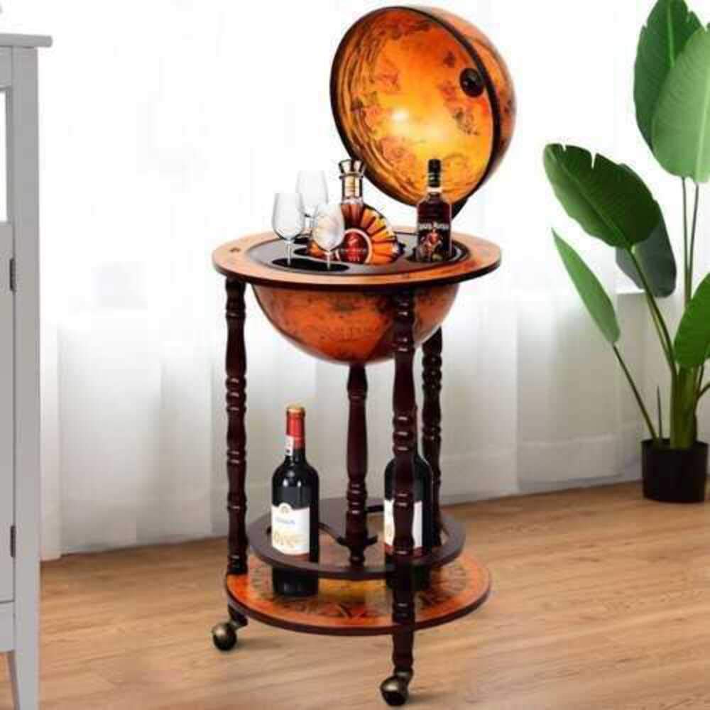 MTN Gearsmith New 36" Wood Globe Wine Bar Stand 16th Century Italian Rack Liquor Bottle Shelf