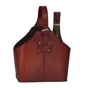 deco 79 leather 2 bottle wine holder with carrying handle, 12" x 6" x 13", red