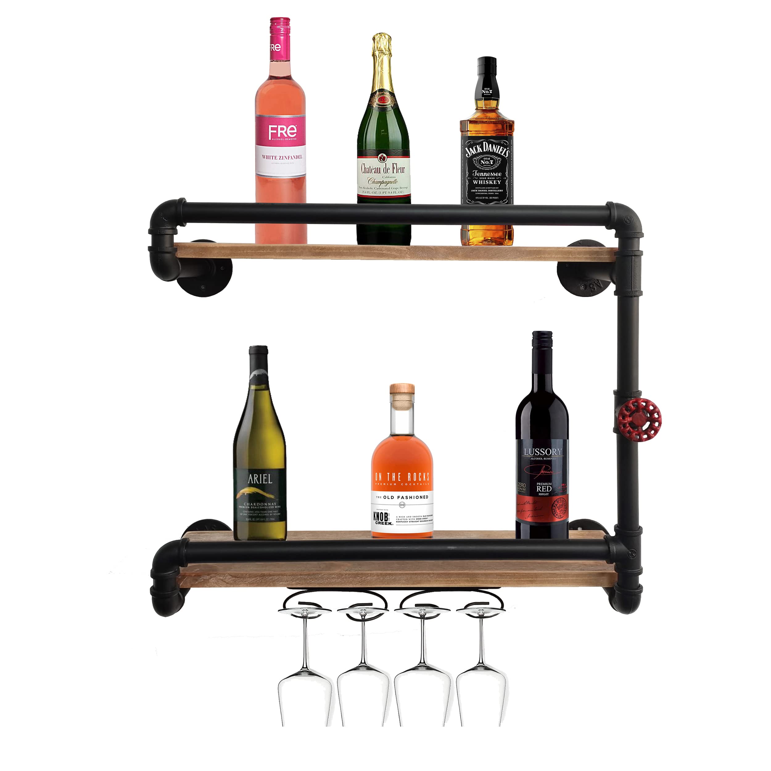 BSTGIFTS Wall Mounted Wine Rack - Wine Bottle Glass Holder - Industrial Pipe Floating Shelves - 2-Tiers Wood Shelf, Storage Shelves