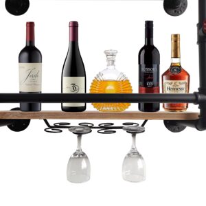 BSTGIFTS Wall Mounted Wine Rack - Wine Bottle Glass Holder - Industrial Pipe Floating Shelves - 2-Tiers Wood Shelf, Storage Shelves