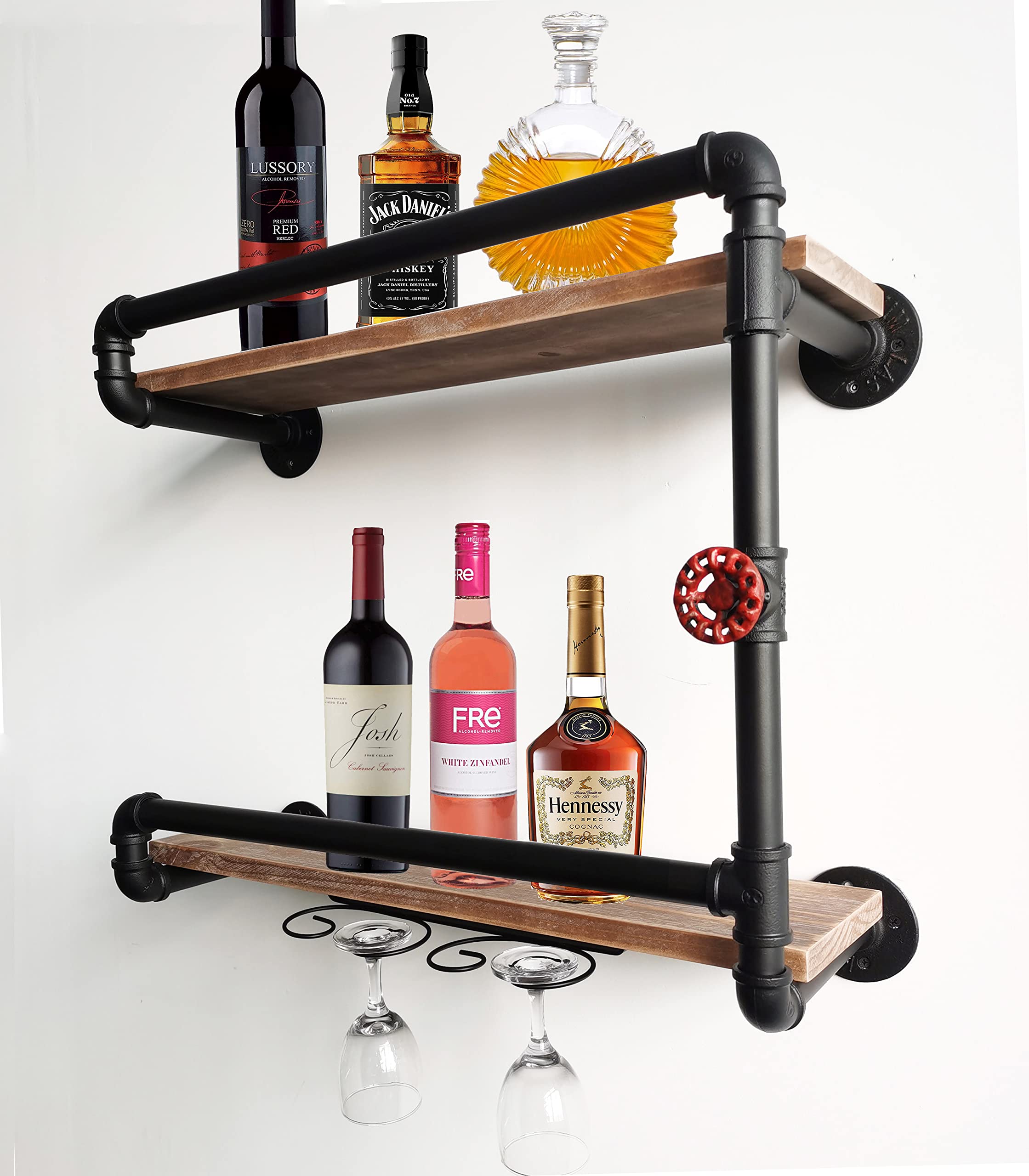 BSTGIFTS Wall Mounted Wine Rack - Wine Bottle Glass Holder - Industrial Pipe Floating Shelves - 2-Tiers Wood Shelf, Storage Shelves