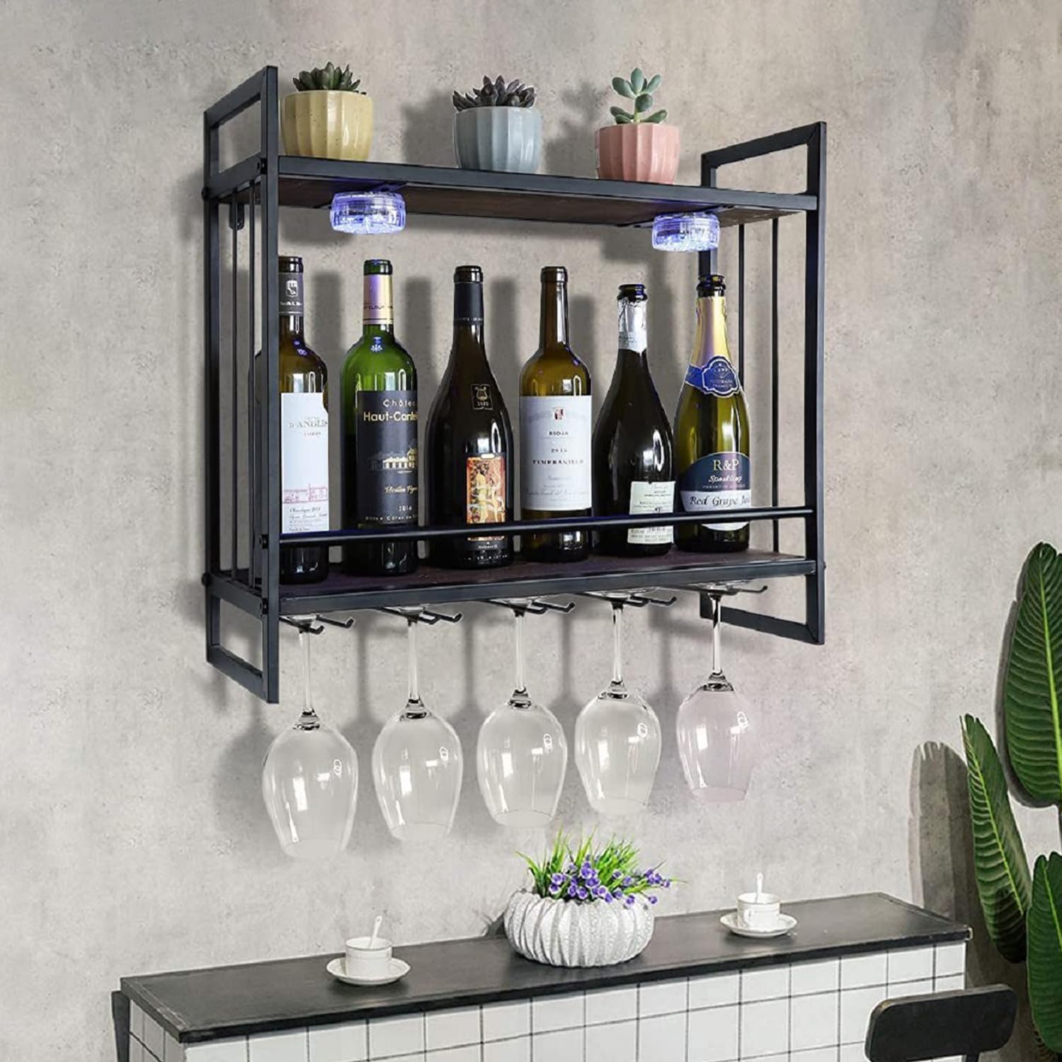 Gdrasuya10 LED Light Wine Rack Wall Mounted, Wine Bottle Display Rack Shelf Stemware Rack Metal Wine Storage Rack Hanging Wine Shelf for Home Decor 24 inch