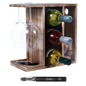 rustic state rias countertop wine rack with cork opener - 3 bottle 2 stemware glass holder with cork storage unit - freestanding wood tabletop display - home bar décor - burnt brown