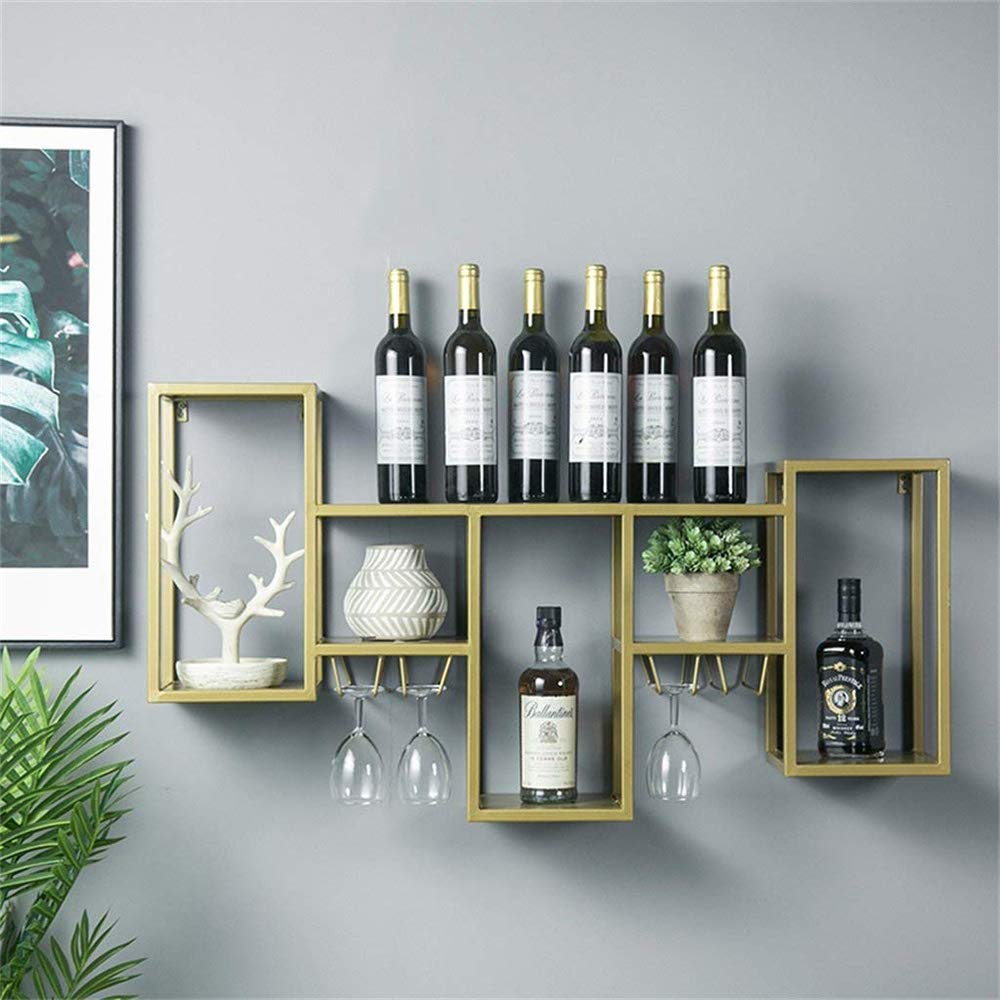 Metal Wall-Mounted Gold Wine Rack with Goblet Wine Glass Holder, Home Kitchen Living Room Dining Bar Wall Decoration Display Wine Rack