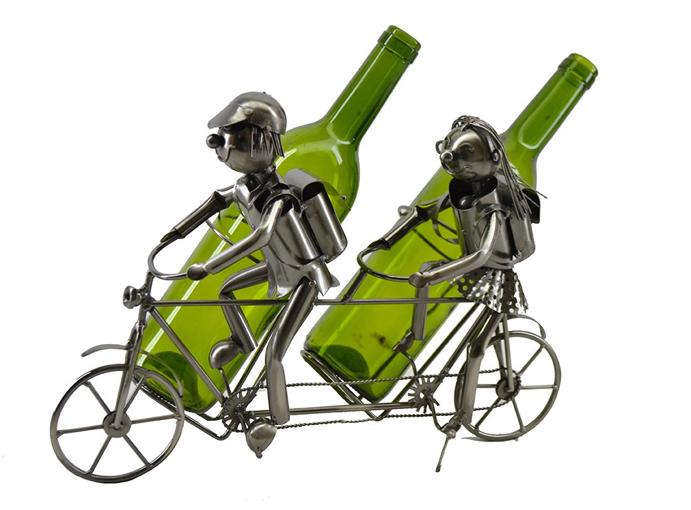 Happy Couple on Tandem Cruise Bicycle Metal Wine Bottle Holder Character Kitchen Display