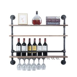 36"wall mounted wine rack with shelf &bottle glass holder,hanging industrial pipe shelves floating bar shelves rustic wood wine shelf wall shelf storage unit shelving farmhouse wine glass rack