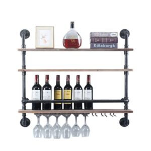 industrial pipe shelf wine rack wall mounted, 3-tier rustic floating bar shelves wine shelf with 9 stem glass holder ,36in real wood shelves wall shelf unit